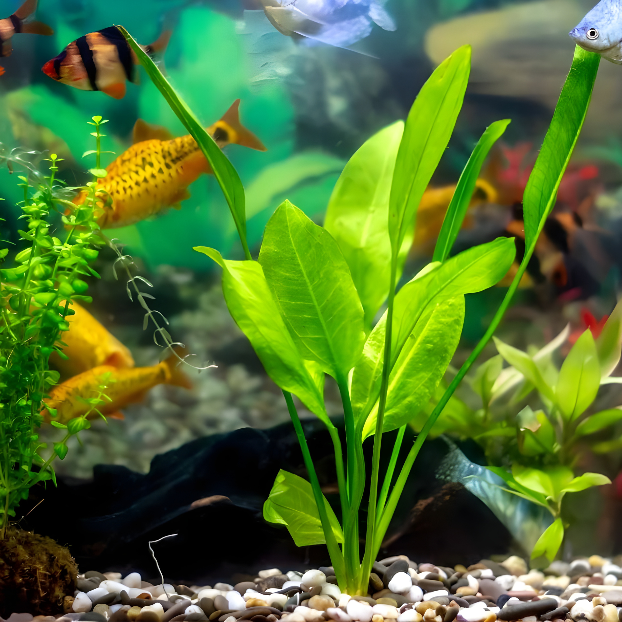 Lush green live aquarium plants in a freshwater tank with small tropical fish and an angelfish swimming among dense aquatic foliage